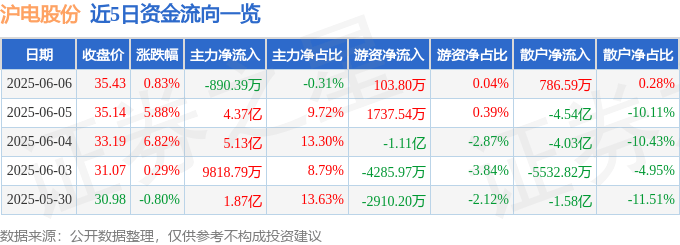 股票行情快报：沪电股份（002463）6月6日主力资金净卖出890.39万元