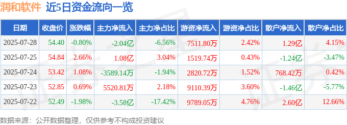 股票行情快报：润和软件（300339）7月28日主力资金净卖出2.04亿元