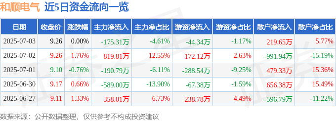 股票行情快报：和顺电气（300141）7月3日主力资金净卖出175.31万元
